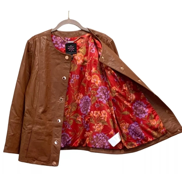 Isaac Mizrahi Live! Brown Leather Jacket Coat, Floral Linging, Womens Size 28W - Picture 4 of 4